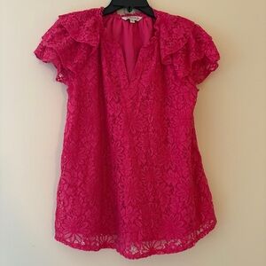 Nanette Lepore Hot Pink Floral Lace Ruffle Sleeve Blouse Top Size M